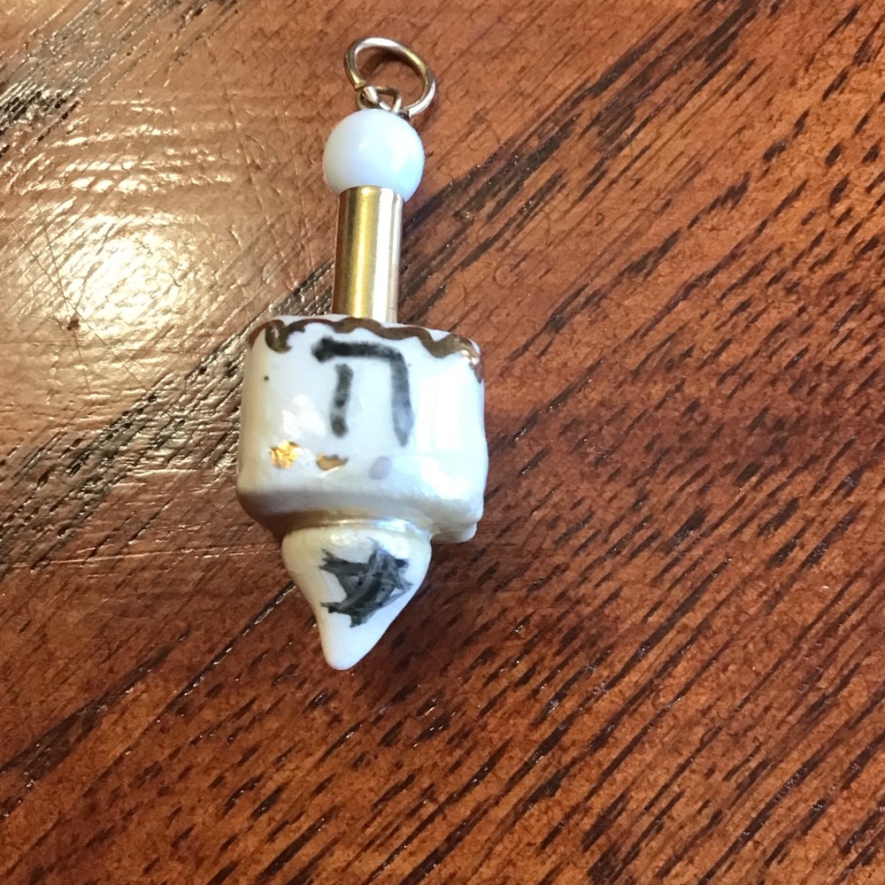 Gold and White Porcelain Dreidel Pendant